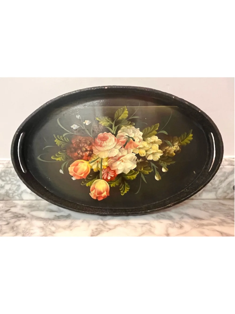 Vintage Hand Painted Wooden Floral Serving Tray Oval Black Toleware Style
